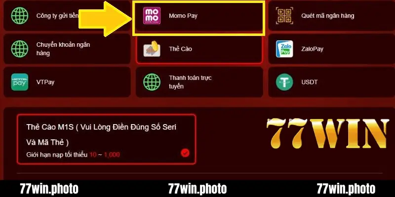 Nạp tiền qua ví điện tử Momo